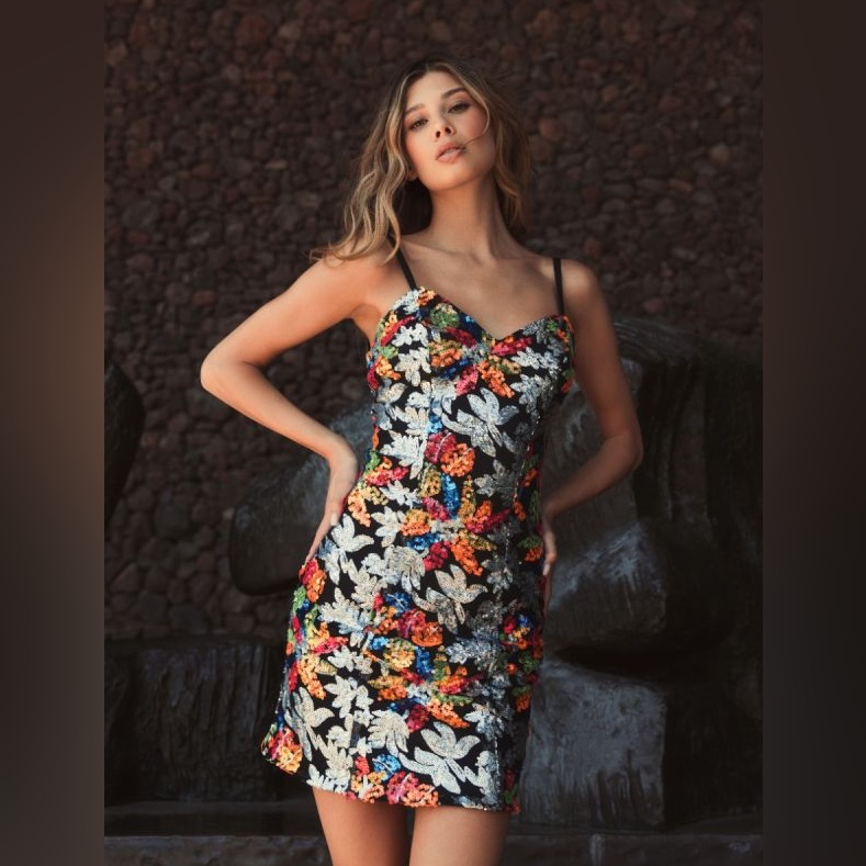Mac Duggal Floral Beadwork Spaghetti Strap Dress